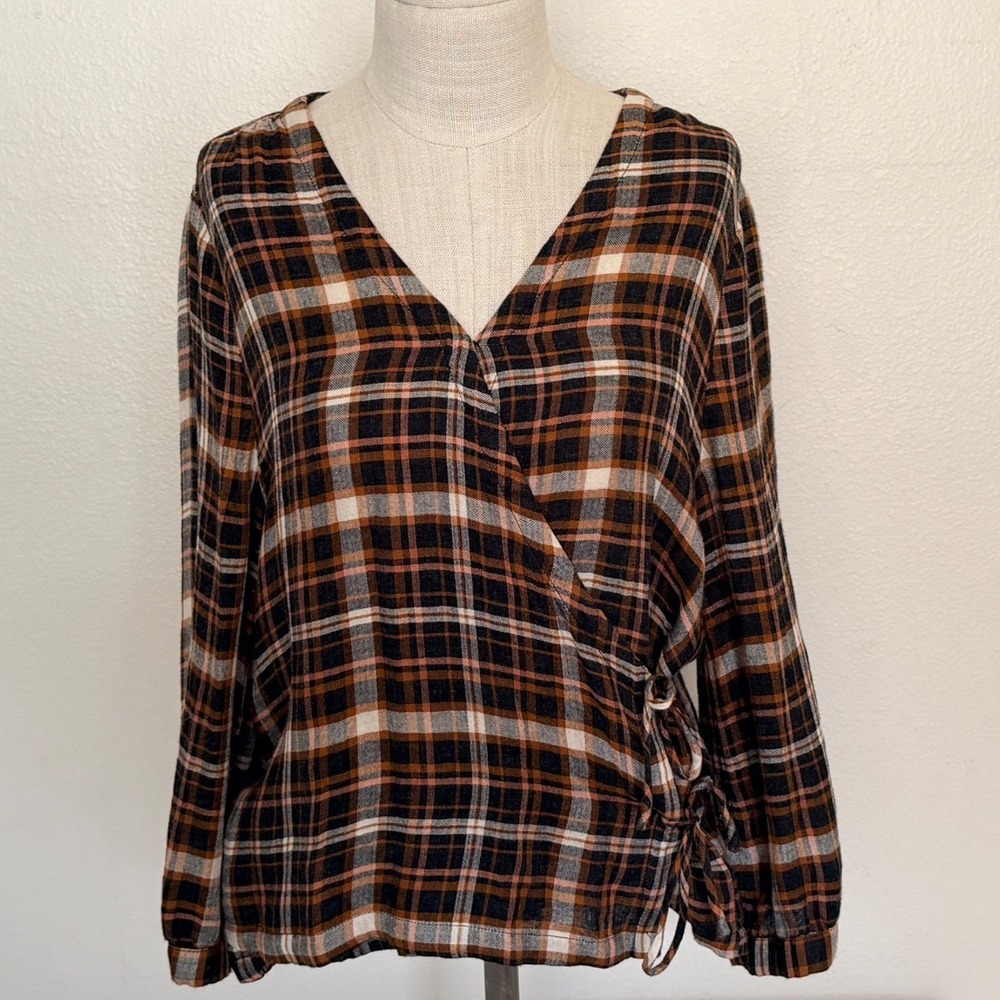 Madewell‎ Plaid Wrap Blouse Sz L Long Sleeve Top New